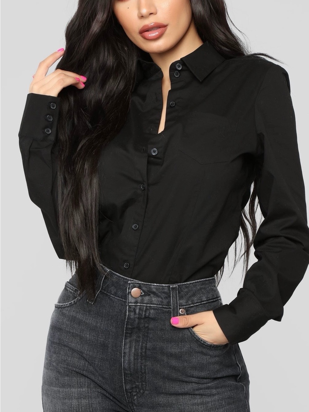 Fashion Nova Black Long-Sleeve Button Down Shirt